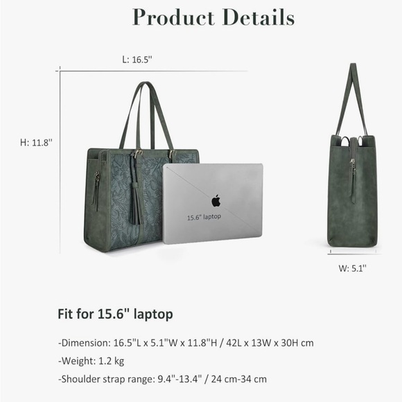 Leather Style Embossed Floral Forest Green Women's Tote Bag - Picture 2 of 15